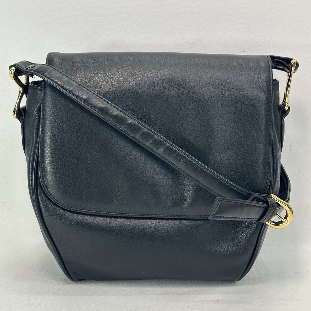 Vtg Kenar Crossbody Handbag Women Black Leather Lined Purse Gold Tone K Flap Bag